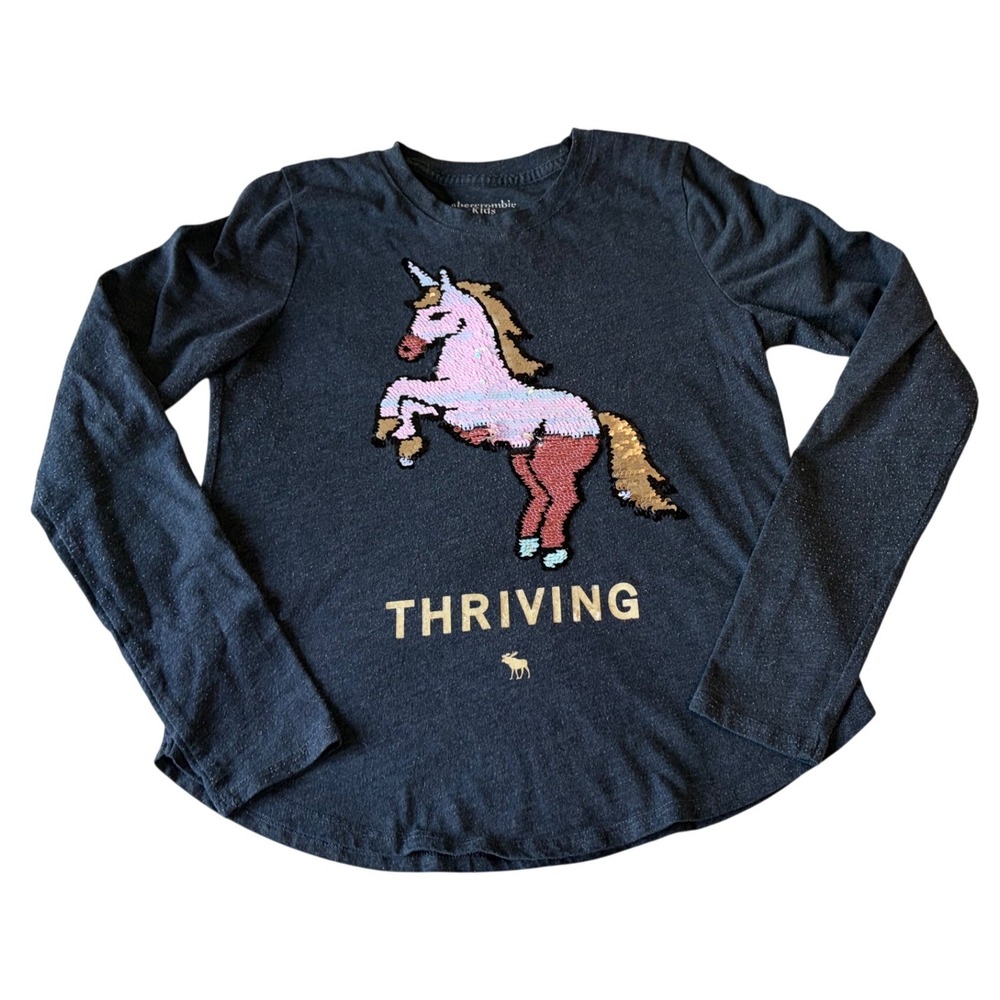 Abercrombie Kids Girls Reversible Sequin Unicorn Thriving Graphic Tee Grey 11/12